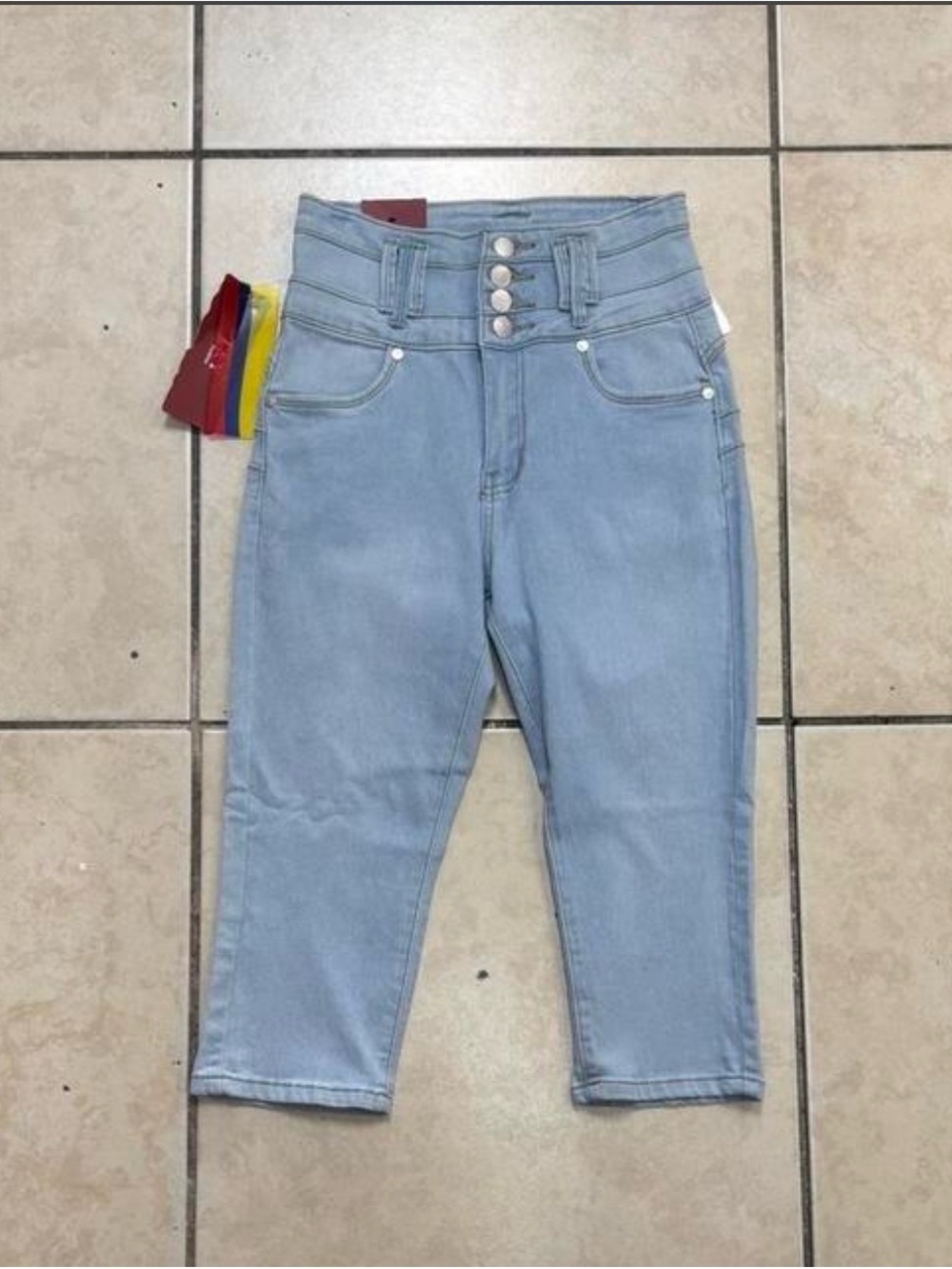 High-Rise Light Blue Women's Capris with Button Fly